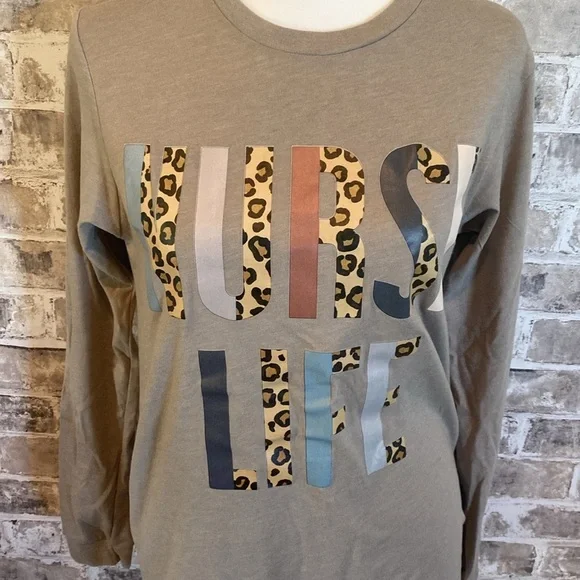 “Nurse Life” long sleeve tee. Size S. Tan with leopard print lettering. - Picture 3 of 16